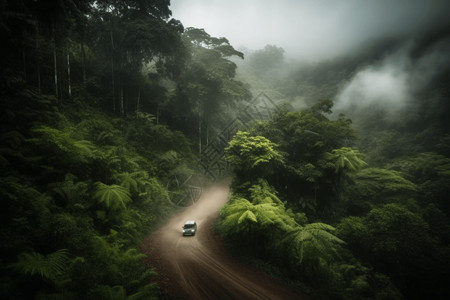 汽车穿越茂密雨林图片