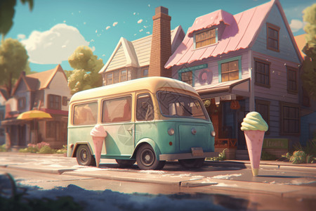 甜品车郊区的冰淇淋车插画