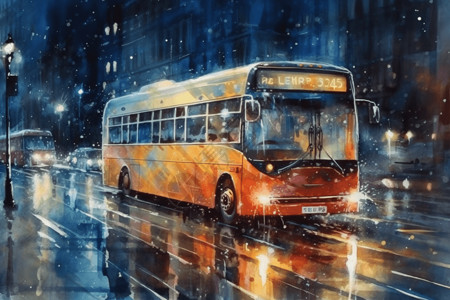 雨天倒影街道上的公交车倒影插画
