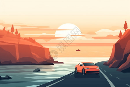 沿海高速公路夕阳公路上的汽车插画