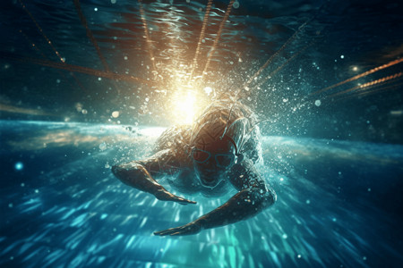 月潜水者游泳者潜入游泳池的水下景色设计图片