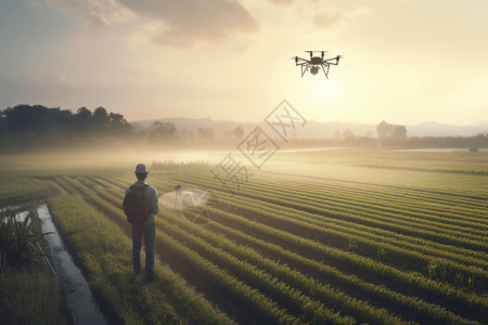 农民用无人机喷洒田地高清图片