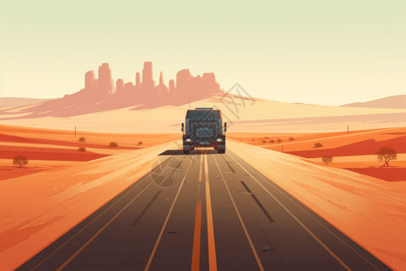 沙漠道路穿越沙漠的货车插画
