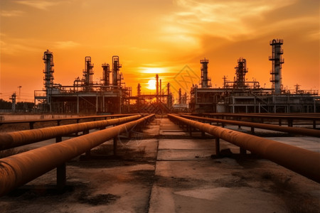 日落下的石油工厂图片