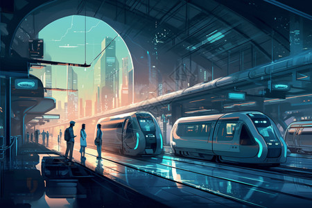 火车线条未来城市景观中的火车站插画