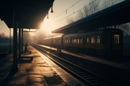 黄昏阴影黄昏下与行驶来的火车背景