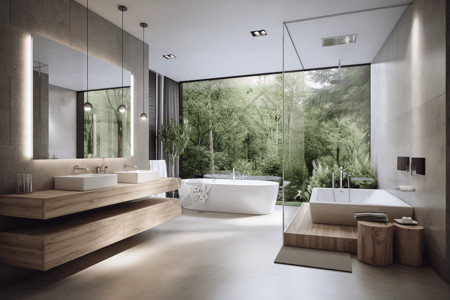 现代原木风浴室高清图片