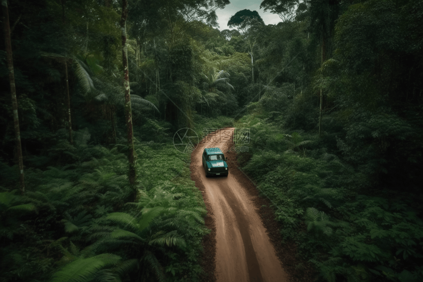 一辆汽车沿着亚马逊雨林行驶图片