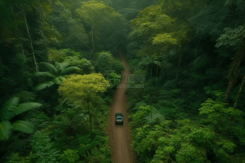 雨林中行驶的汽车图片