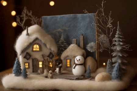 雪人和房屋冬季毛线屋高清图片