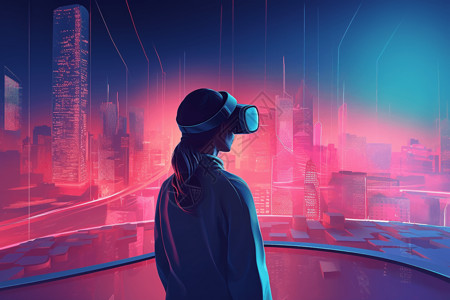 元宇宙城市体验佩戴VR眼镜设计图片