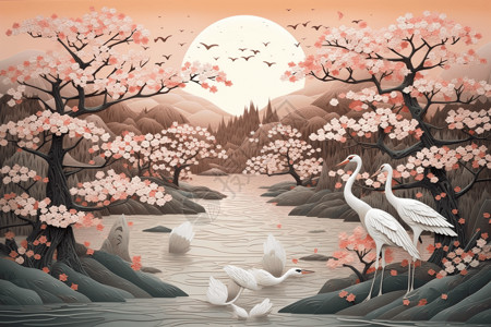 仙鹤剪纸沉浸在朦胧的山脉和宁静景观中樱花树下仙鹤的多维剪纸插画
