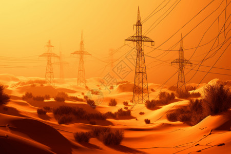 沙漠里的高架电线高清图片