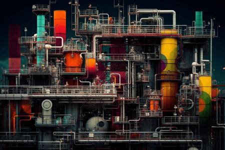 气化发电厂各种组件的拼贴风格插画背景图片