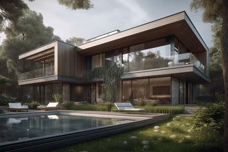 景观水景当代住宅别墅室外3d效果图设计图片