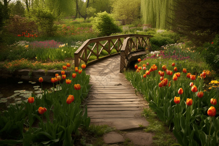 小桥两边的郁金香背景图片