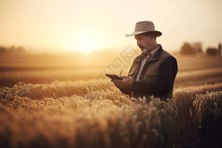 农业数据农民站在田间分析数据背景