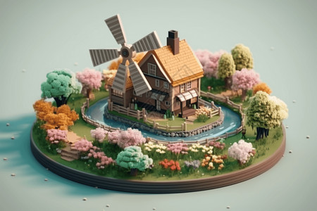幻想3D3d城市花园插画