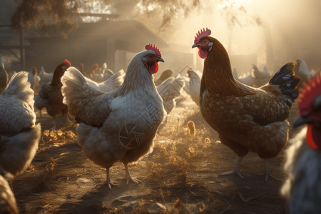 阳光下的鸡群高清图片