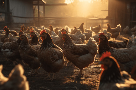 早晨太阳的鸡群高清图片
