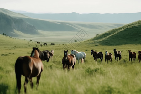 绿草丛中远处的一群马高清图片