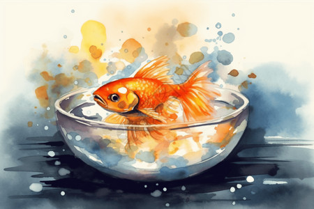 水彩泼墨风碗里的金鱼图片