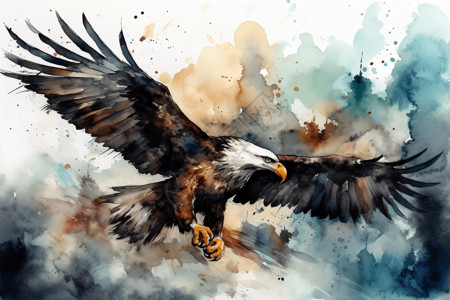 水彩泼墨风空中的雄鹰图片