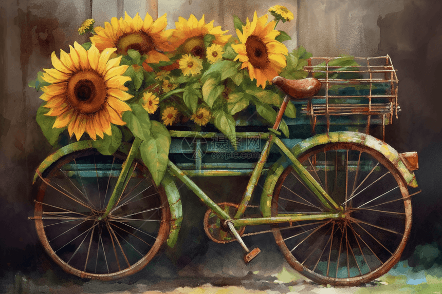 自行车与花朵图片