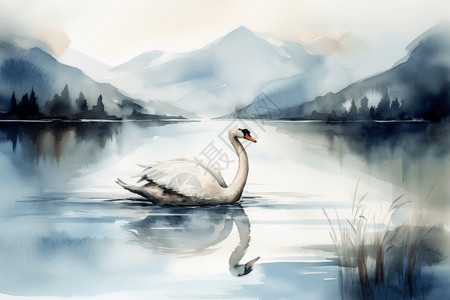 水墨手绘水里的天鹅背景图片