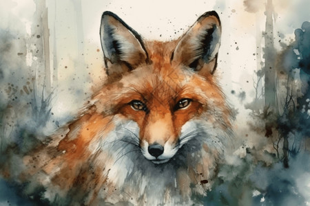 水墨手绘森林中的狐狸图片