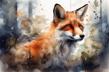 水墨手绘橘黄色的狐狸背景图片