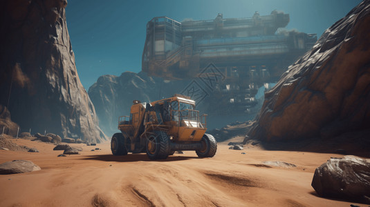 黄色星球采矿机器在沙漠星球上作业背景