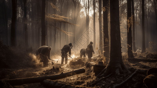 努力工作的森林工人图片