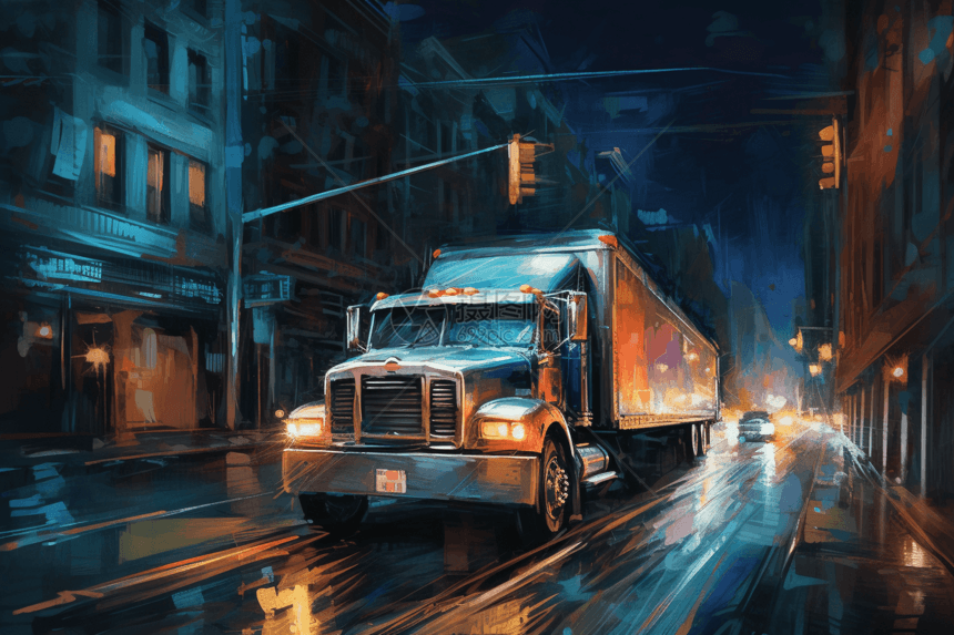 夜间行驶的货车的城市街道上行驶图片