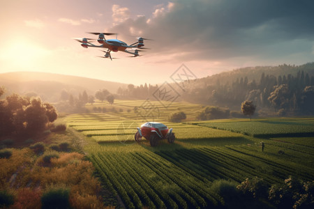 农业播种无人机在农场上空设计图片