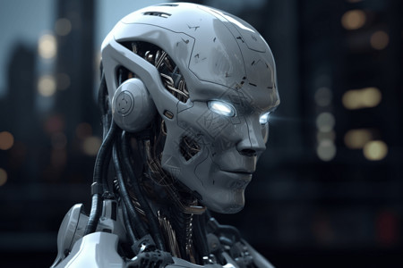 人工智能城市人型机器人头部特写背景