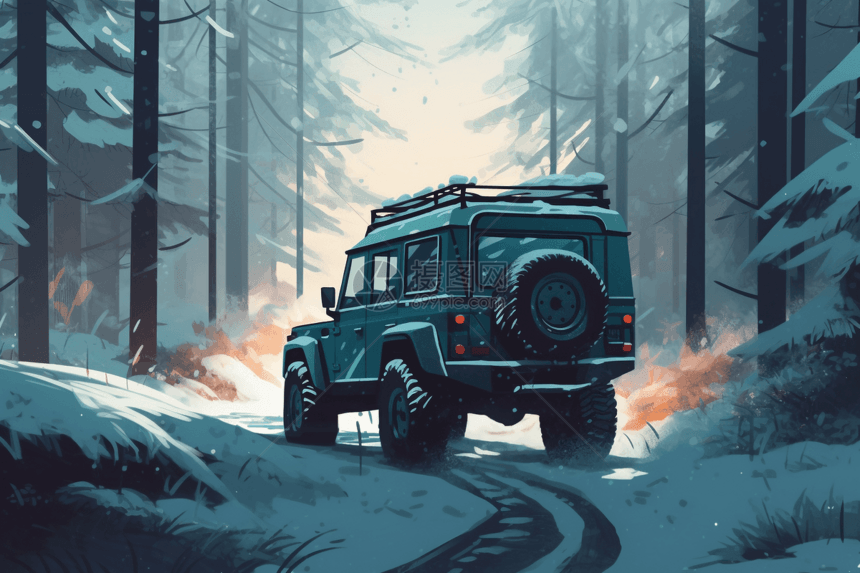 吉普车在白雪皑皑的森林图片