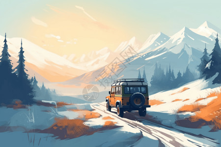 雪地越野车雪地行驶的吉普车插画