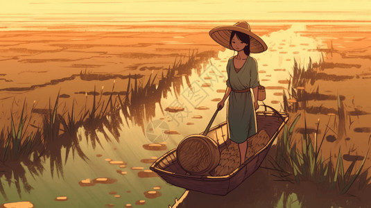 年轻的女孩坐着小船在稻田中高清图片