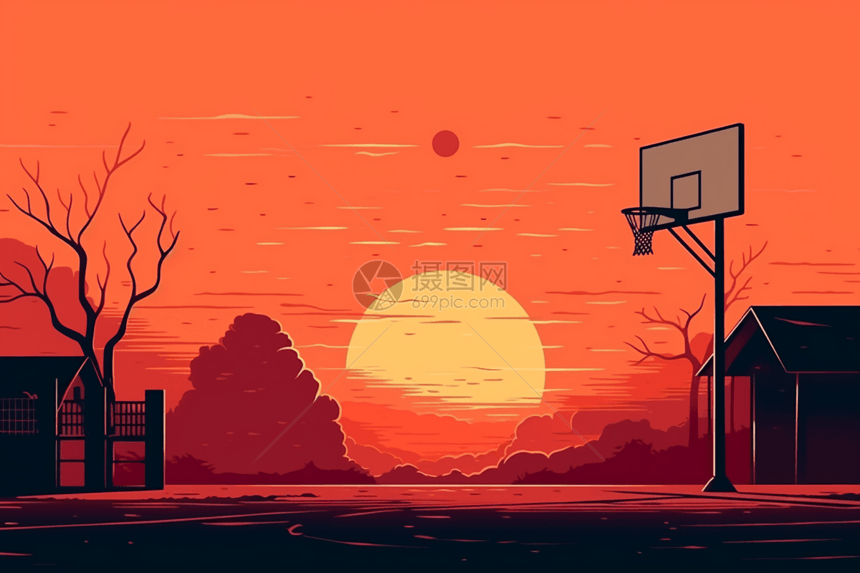 日落时分的篮球场图片