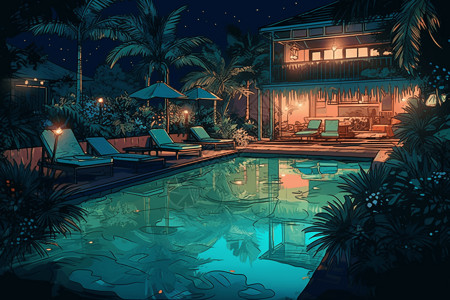 度假村夜晚的泳池图片