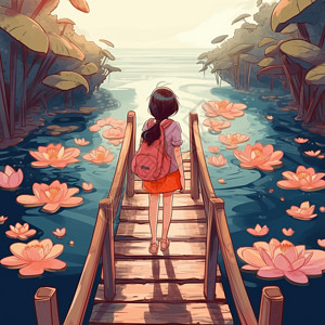 木楼梯一个女孩站在木桥上插画