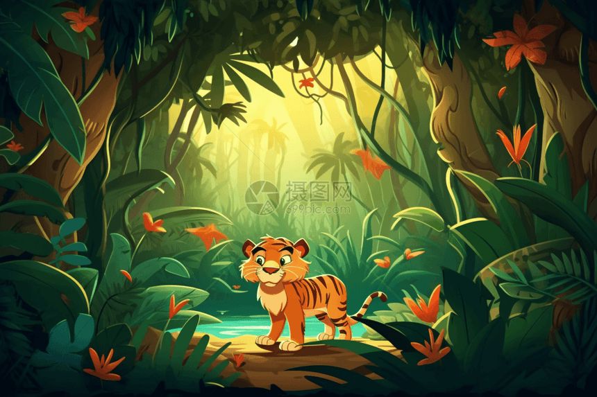 丛林中凶猛的卡通老虎图片