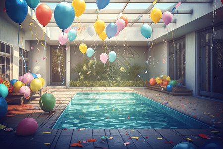 游泳池派对带有装饰的泳池插画