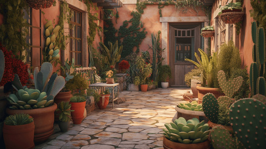 地中海庭院地中海风格庭院的3D渲染图设计图片