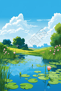 晴朗天空下的池塘图片