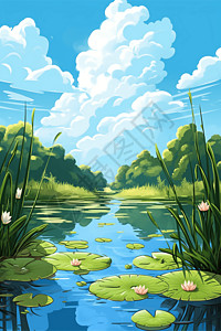 蓝河蓝天下的荷花池塘插画