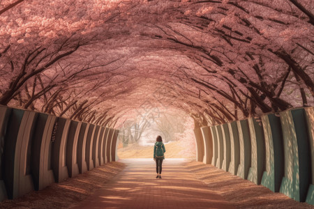 学生走过盛开的樱花大道背景图片