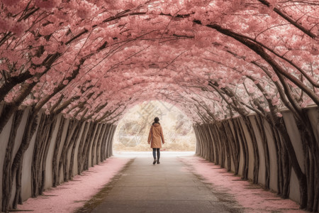 学生走过盛开的樱花大道背景图片