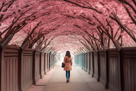 学生走过盛开的樱花大道背景图片